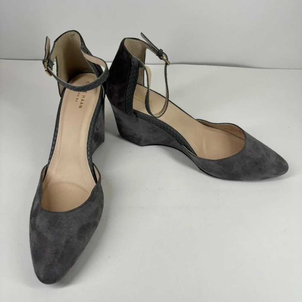 Cole Haan Lara Women's US 11 Grey Suede‎ Comfort Casual Ankle Strap Wedge Pumps